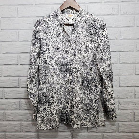 Talbots Women's 4 Black White Paisley Irish Linen Long Sleeve Button Front Top - Picture 1 of 9